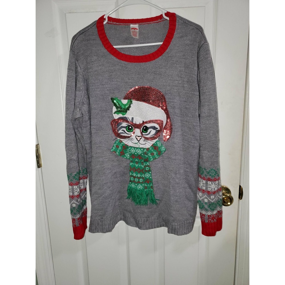 Holiday Time Womens 2X Christmas Sweater Gray Sequin Cat Santa Hat Fair Isle
